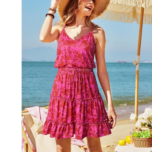 New Spaghetti Strap  Beach Vacation  Drawstring Ruffle Hem Sundress Size Medium - Picture 4 of 7